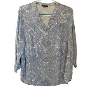 Anne Carson Blue Bandana Print Linen Blend Tunic Blouse Size 1X Western Boho